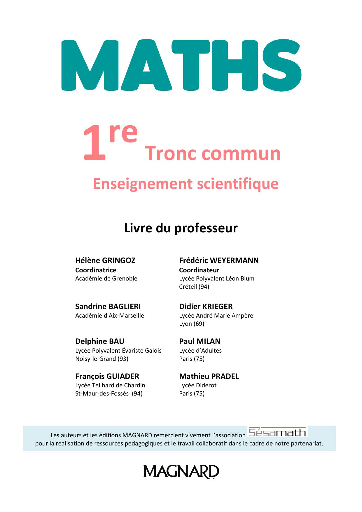 Magnard Tronc Commun Maths 1ère - Prof